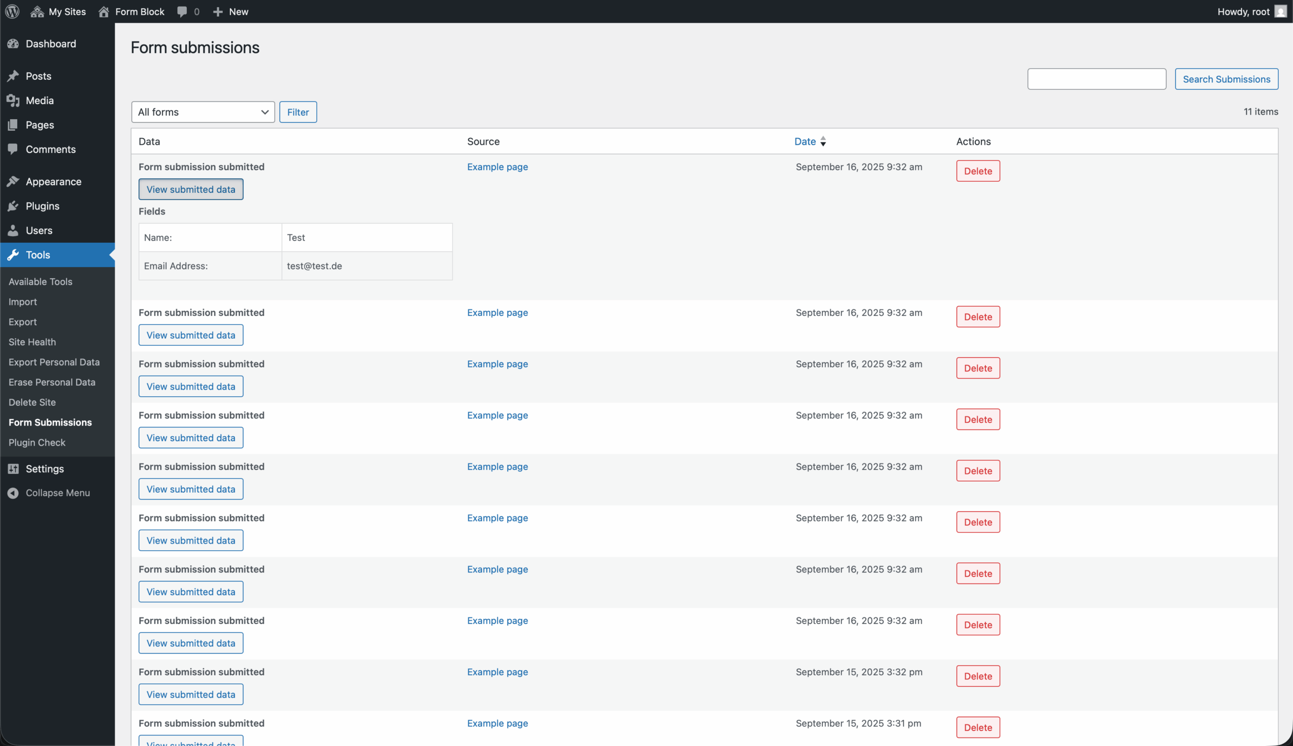 List of form submissions in the WordPress backend, each with a row of data, source, date and delete action