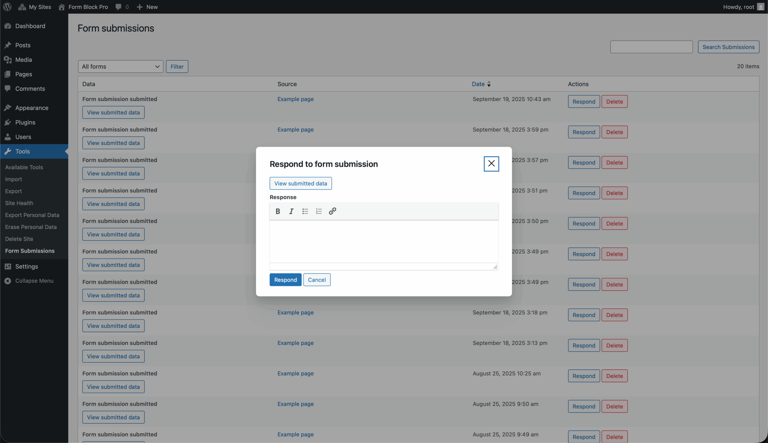 An open overlay in the form submission list with an editor to respond to a submission directly within WordPress