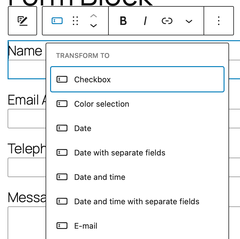 Block transforms menu with examples for different input types to transform the current one into