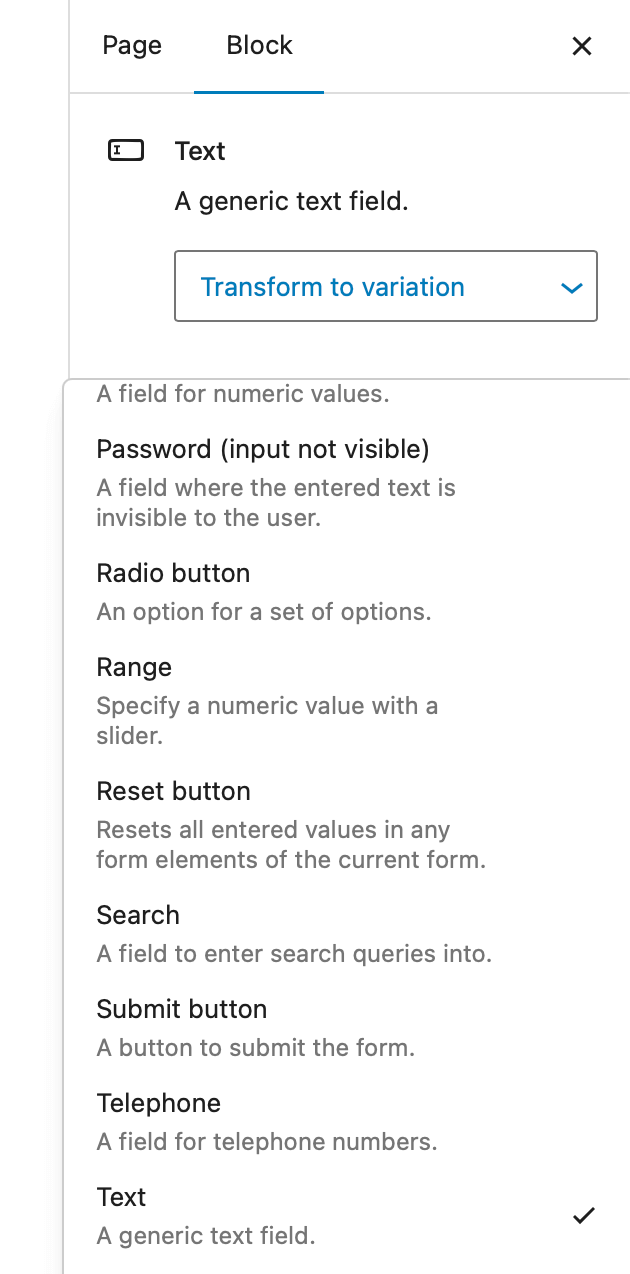 Block settings with menu to transform a text field to a different input variation