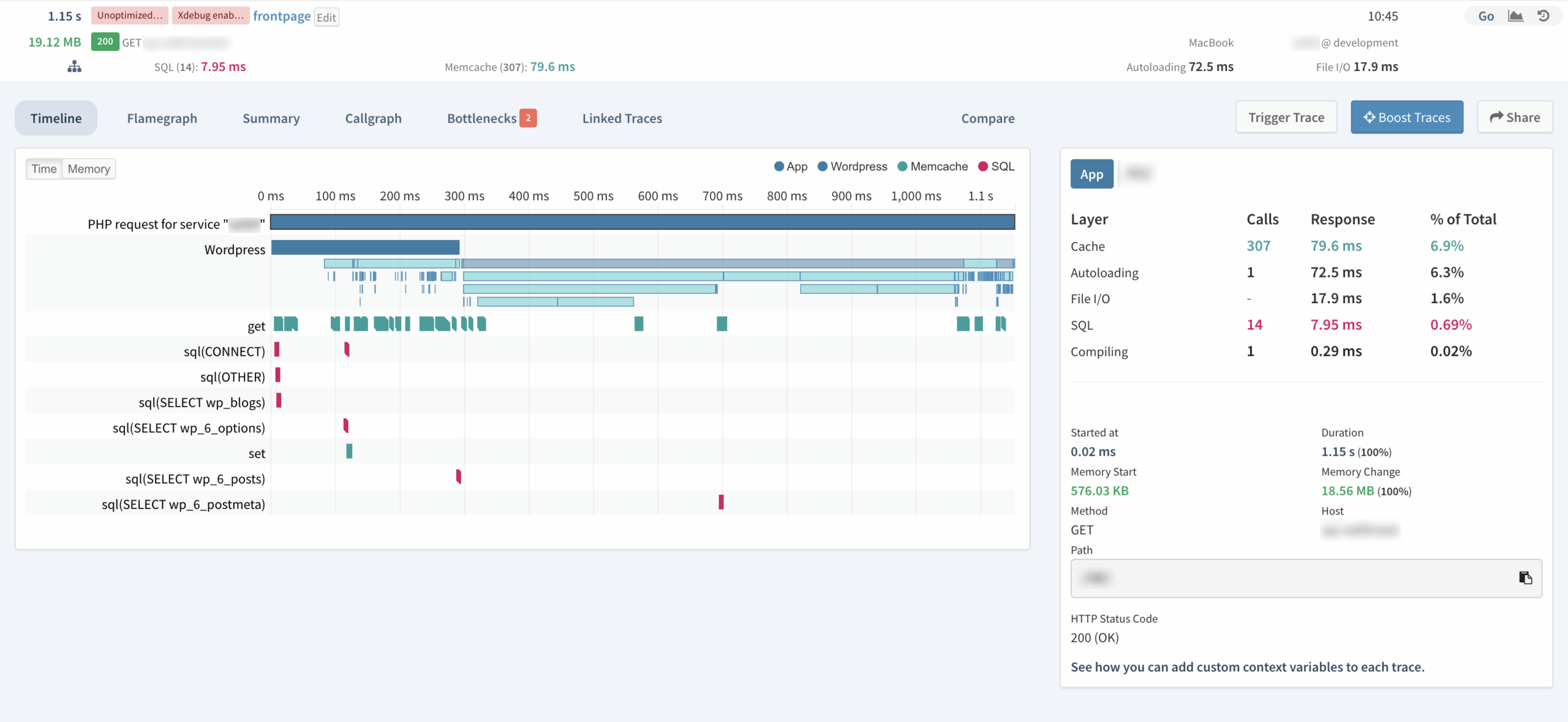 Timeline of a request with multiple bars representing the taken time of single code parts