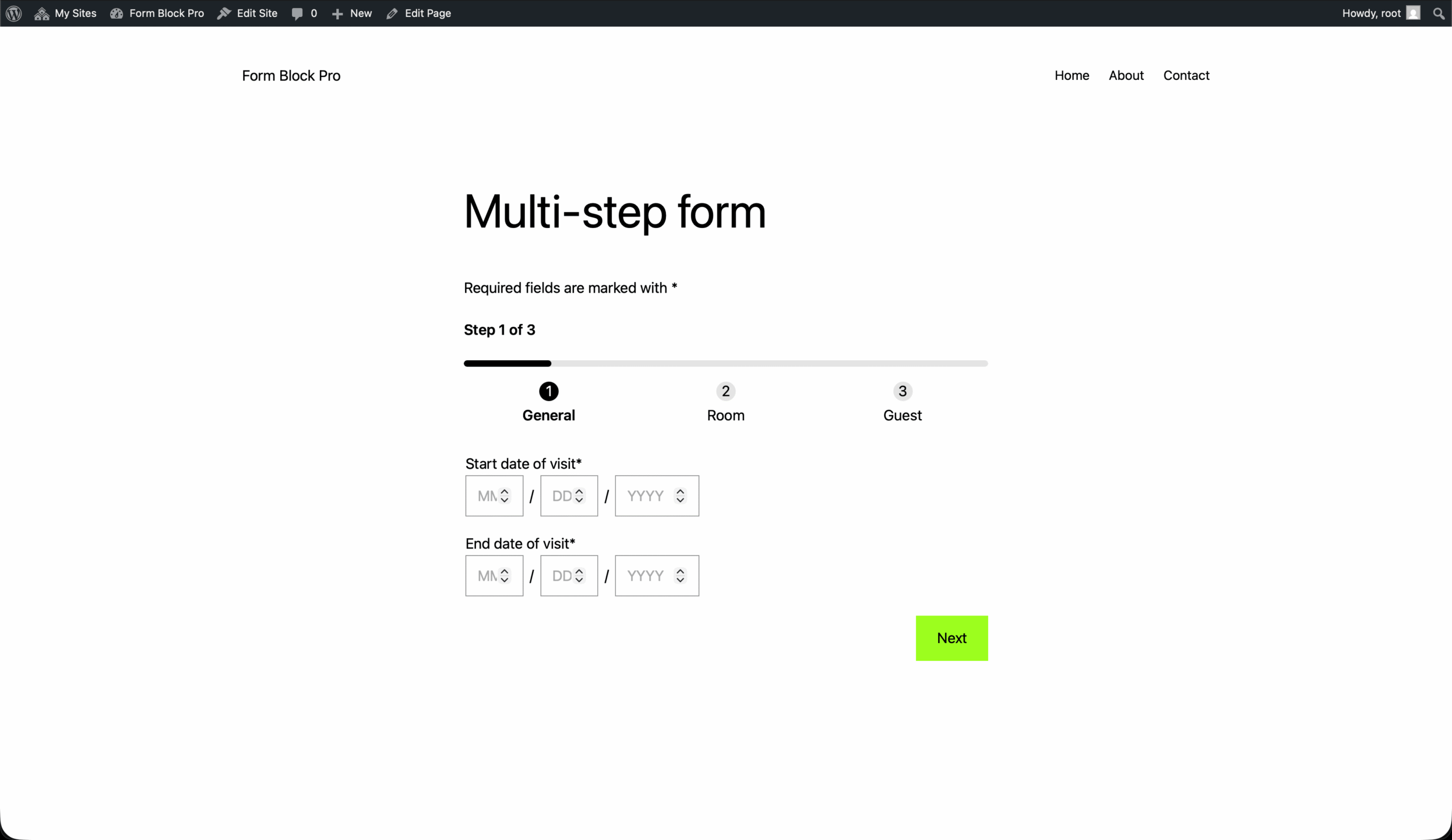 A multi-step form with the sections "General", "Room" and "Guest"