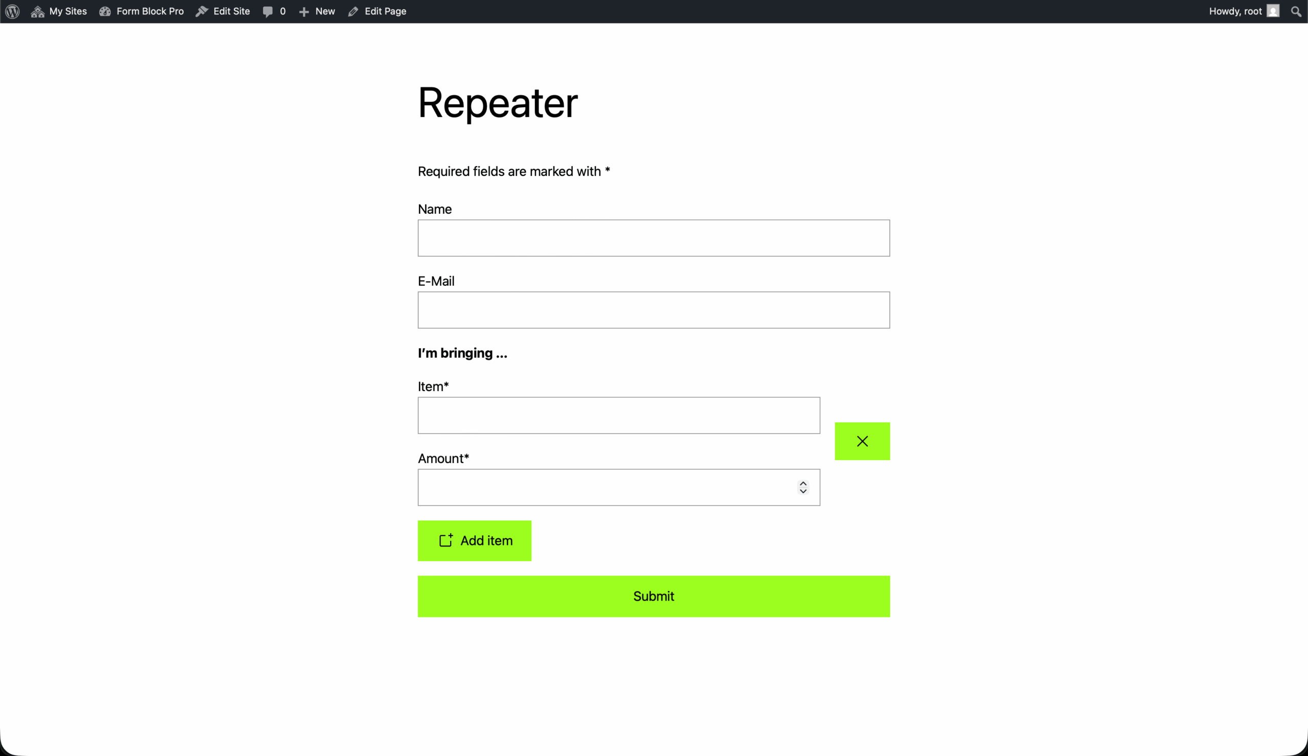 A form with a repeater to bring different items and amount