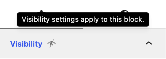 Block editor block sidebar visibility panel with a slashed eye icon and the tooltip reading "Visibility settings apply to this block."